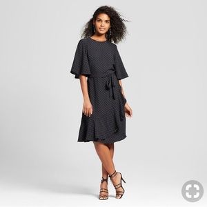 Who What Wear Black Dot Ruffle Wrap Dress - size M